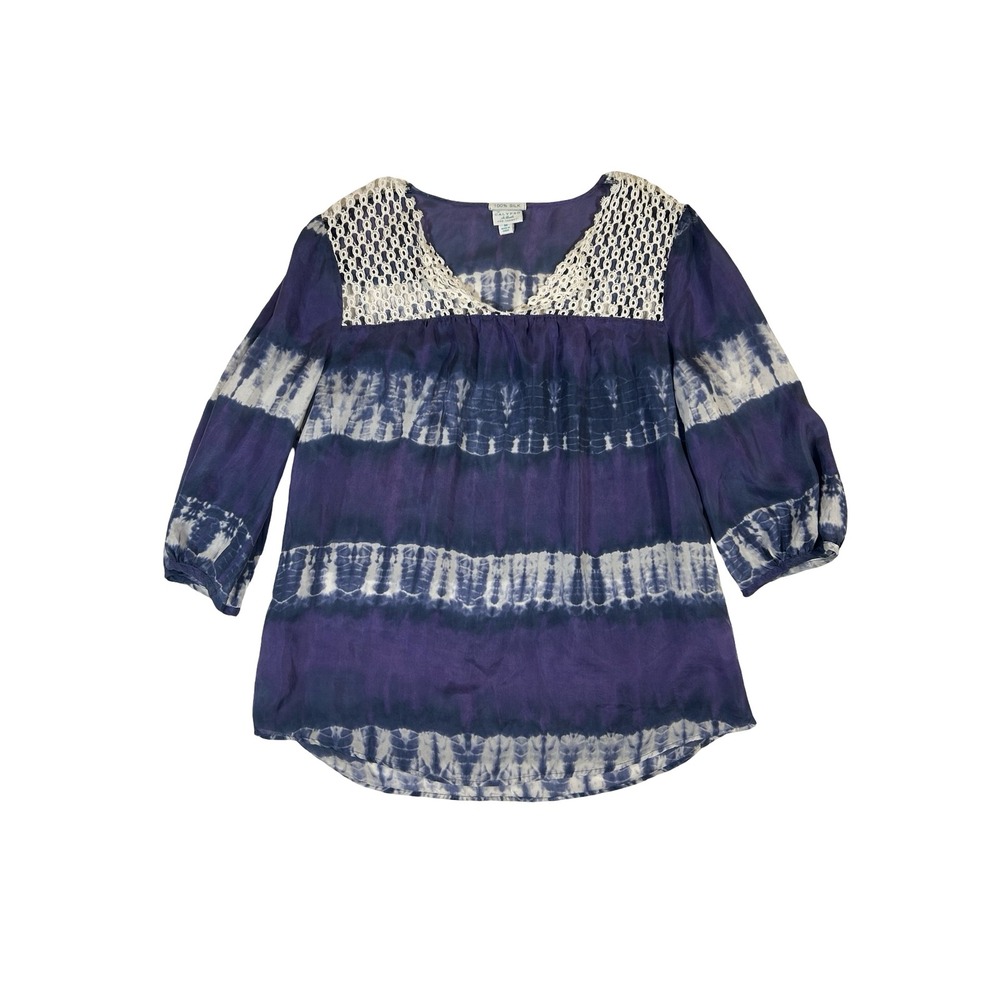 Calypso St Barth for Target Silk Tie Dye Blouse Purple Crochet Lace Boho Medium